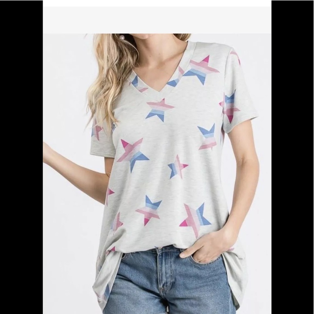 Heimish Striped Rainbow Stars V-neck Tunic top